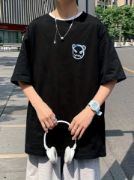 Baskılı Oversize Bisiklet Yaka T-shirt - Siyah resmi
